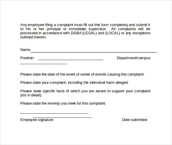 Sample Employee Plaint Form Template 7 Download Free