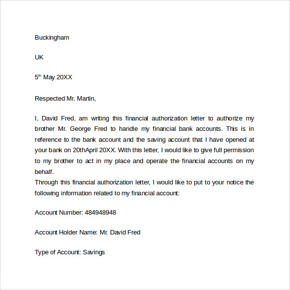 sample of bank authorization letter