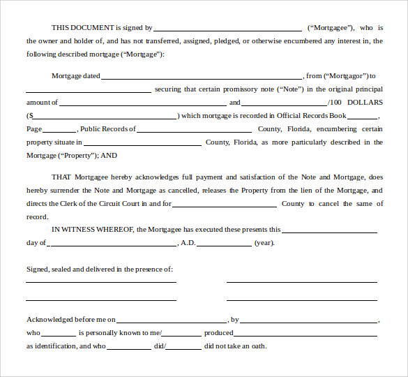 satisfaction of mortgage form document