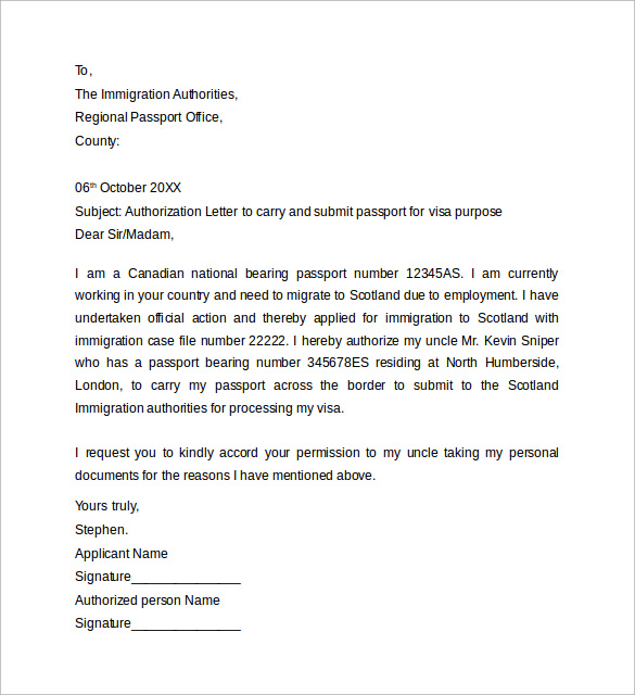 authorization letter to carry and submit passport