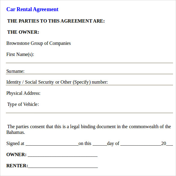 sample car rental contract