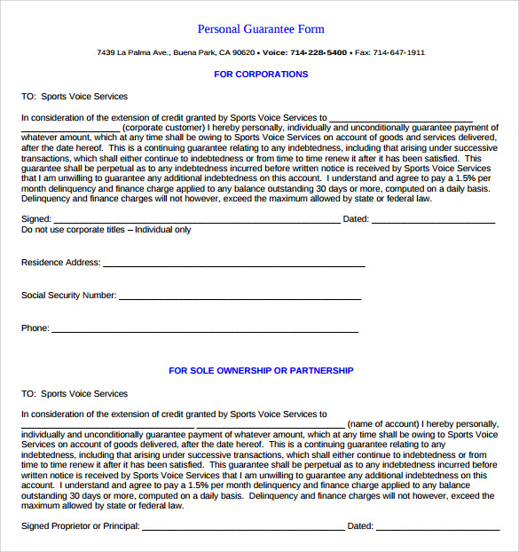 Sample Personal Guarantee Form - 9+ Download Free 