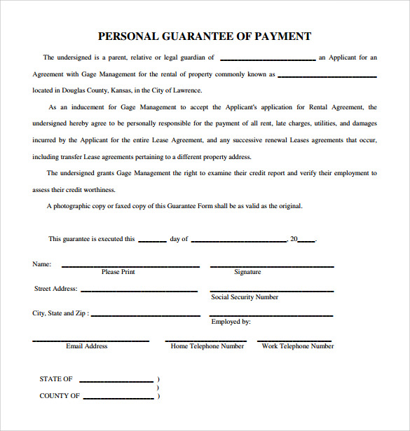 letter rental guarantor agreement Guarantee  Form Personal Sample 9  Free Download