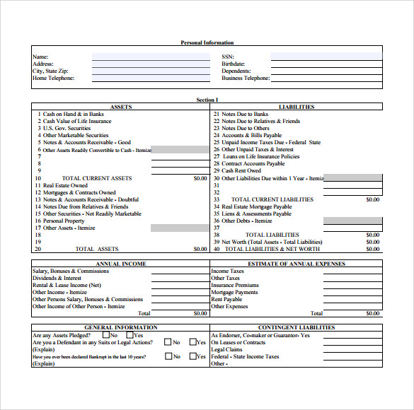 example of personal financial statement form