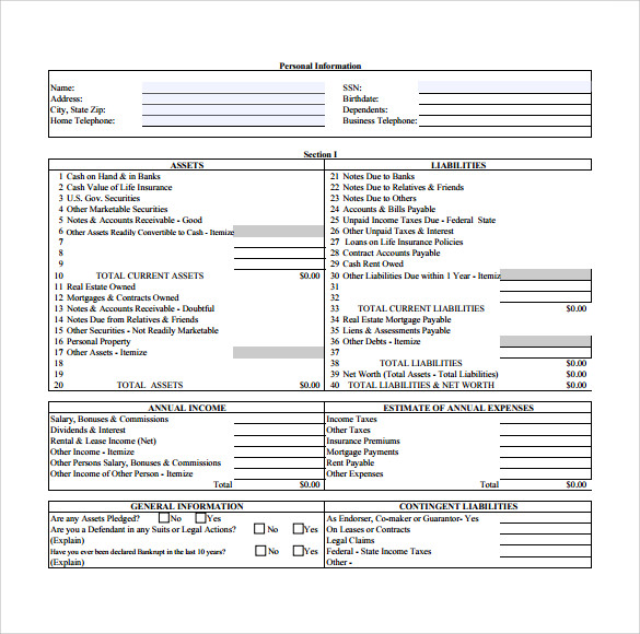 Personal financial statement pdf