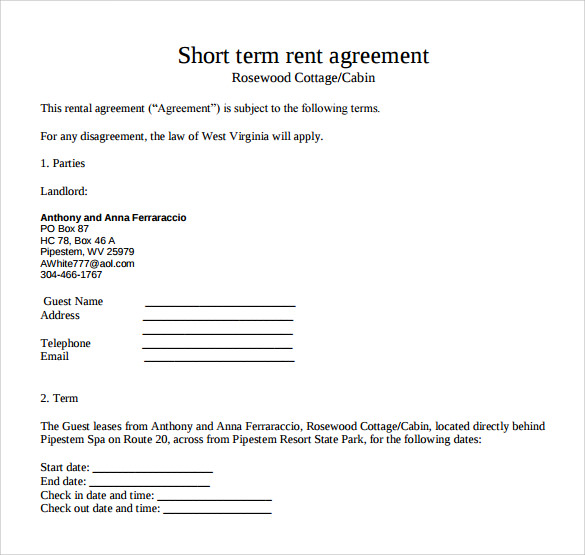 free 9 sample short term rental agreements in pdf ms