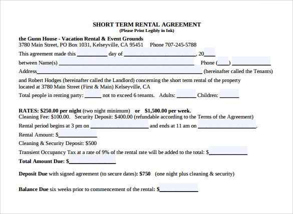 9  Short Term Rental Agreement Sample Templates