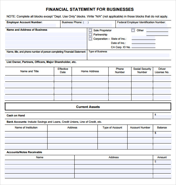 business financial statement form pdf