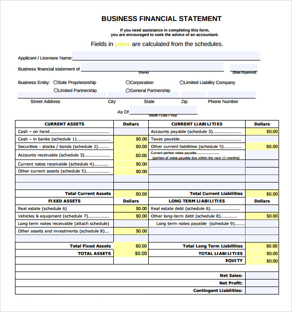 business financial statement form to download