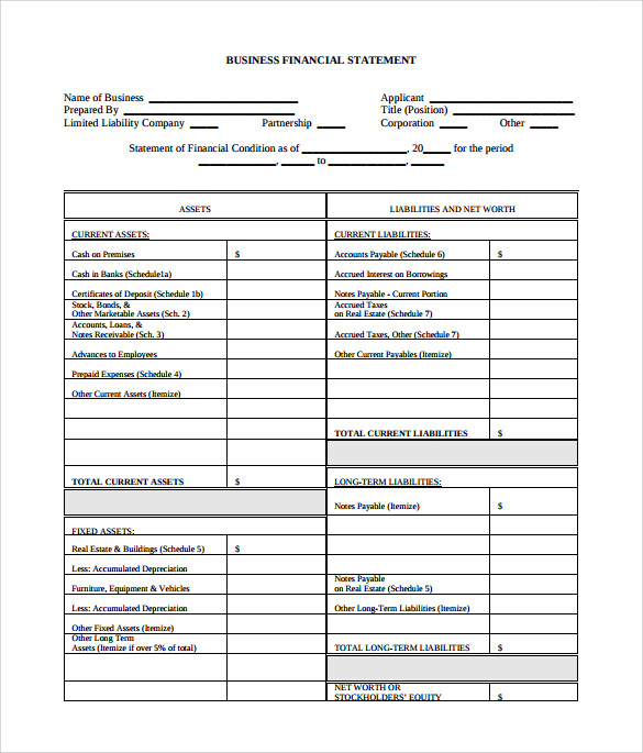 Sample Business Financial Statement Form - 6+ Download 