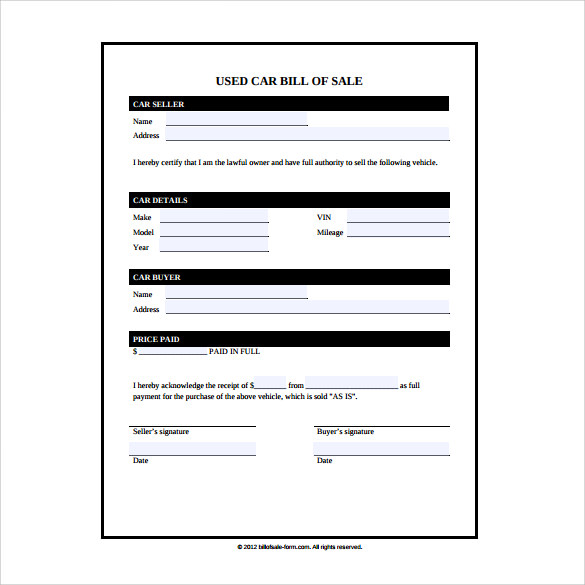 Pdf Downloadable Free Printable Bill Used Car Vehicle Bill Of Sale