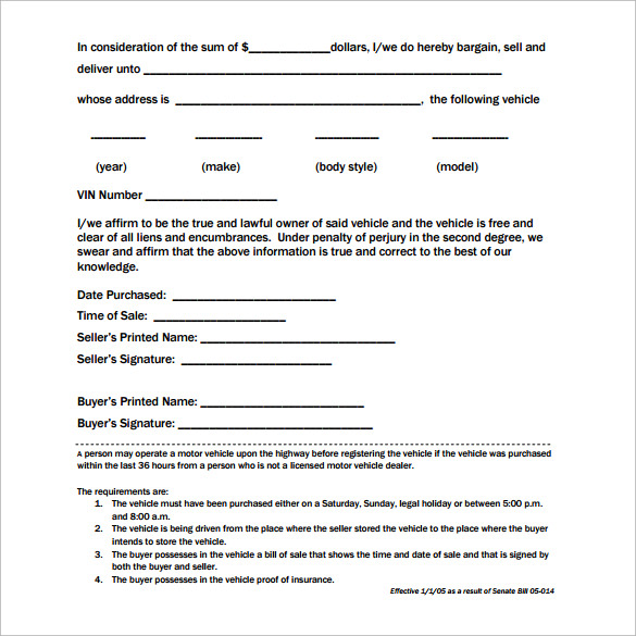 standard car bill of a sale form