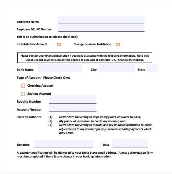 Printable Direct Deposit Form Template