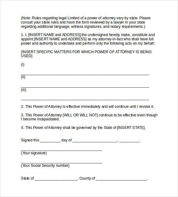 limited power of attorney template form