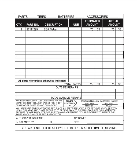 Auto Repair Estimate Template