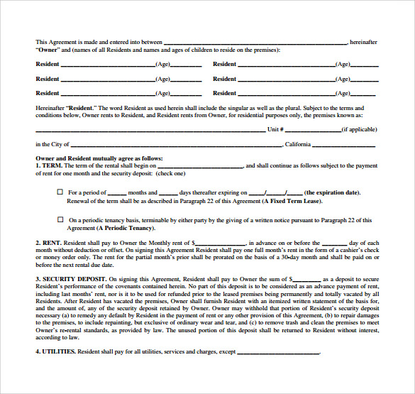 monthly rental agreement sample