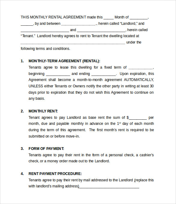 free 8 monthly rental agreement templates in ms word pdf