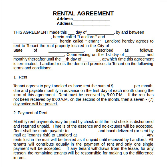 free 6 sample generic rental agreement templates in pdf ms word