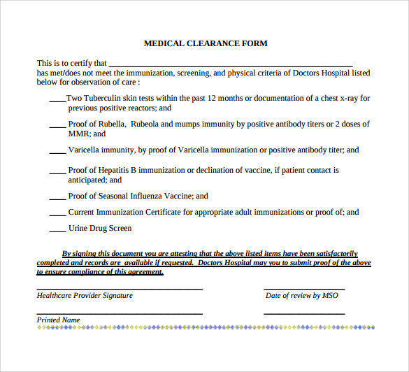 Free 8 Sample Medical Clearance Forms In Pdf Ms Word 0301