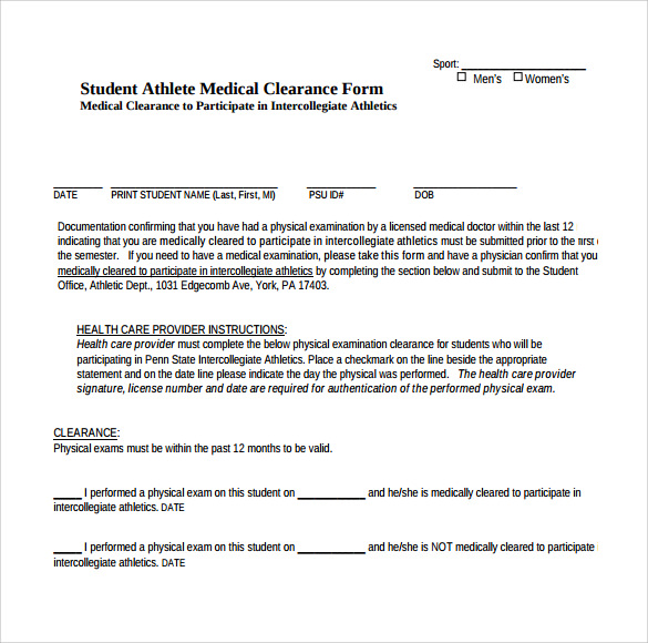 student medical clearance form