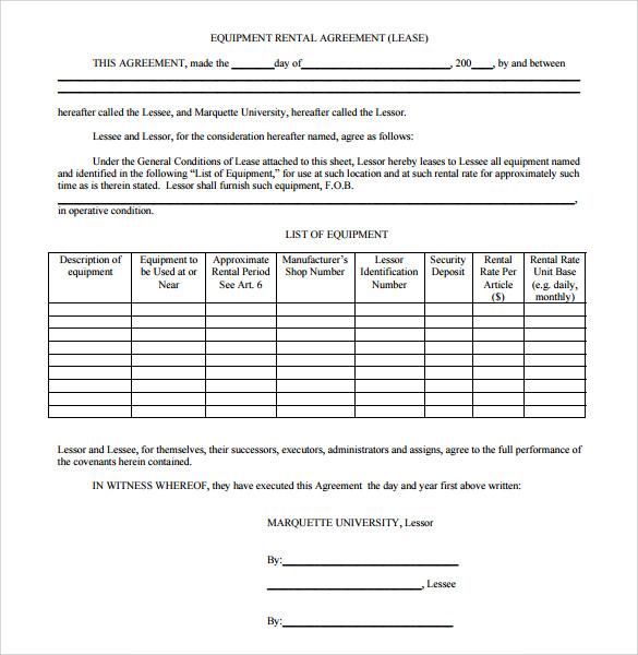 blank equipment rental agreement