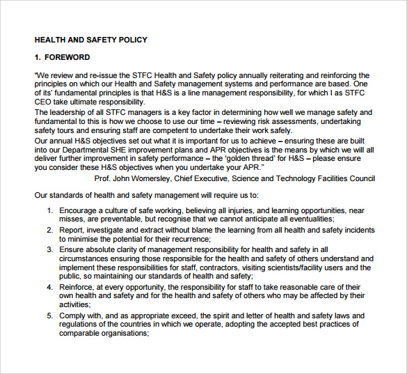 Free 14 Sample Health And Safety Policy Templates In Pdf Ms Word 8361