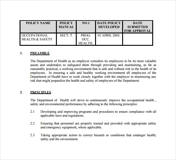 Health And Safety Policy Template For Small Business