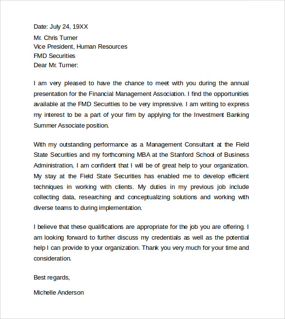 Investment banking summer associate cover letter