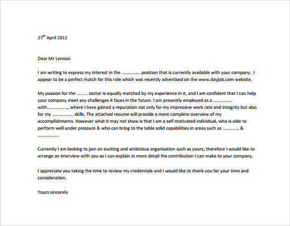 Sample professional cover letter