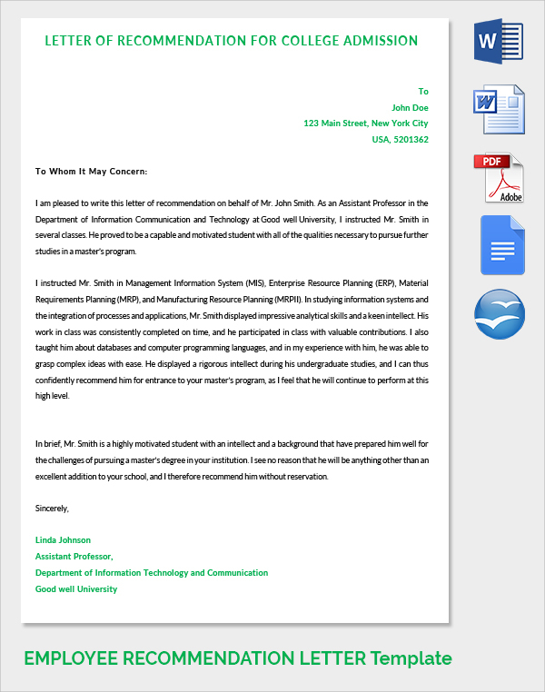 college admission recommendation letter template
