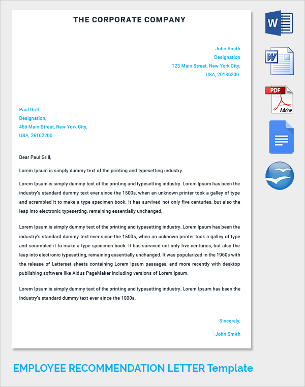 corporate company employee recommendation letter