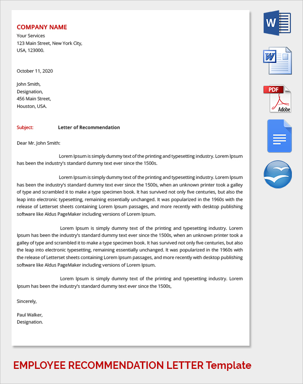 company name employee recommendation letter template