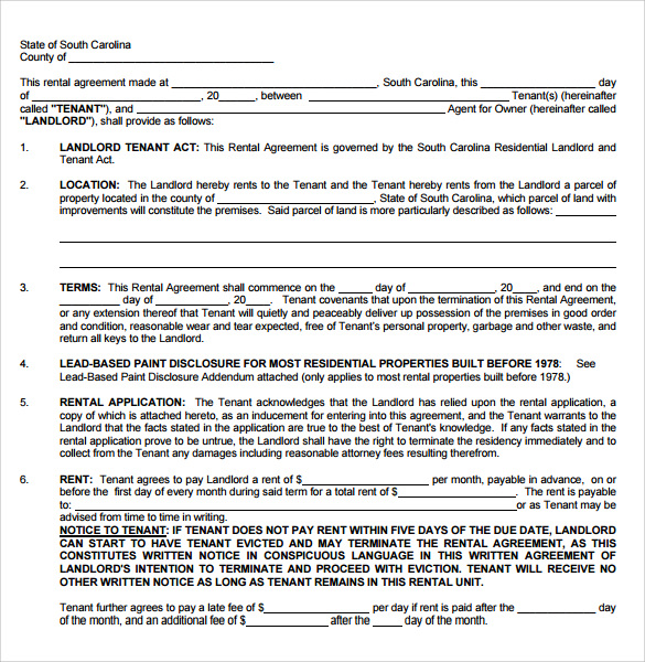 Sc Residential Lease Agreement Template