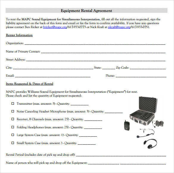 equipment rental agreement form