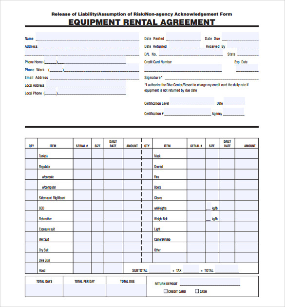 Printable Equipment Rental Agreement Template