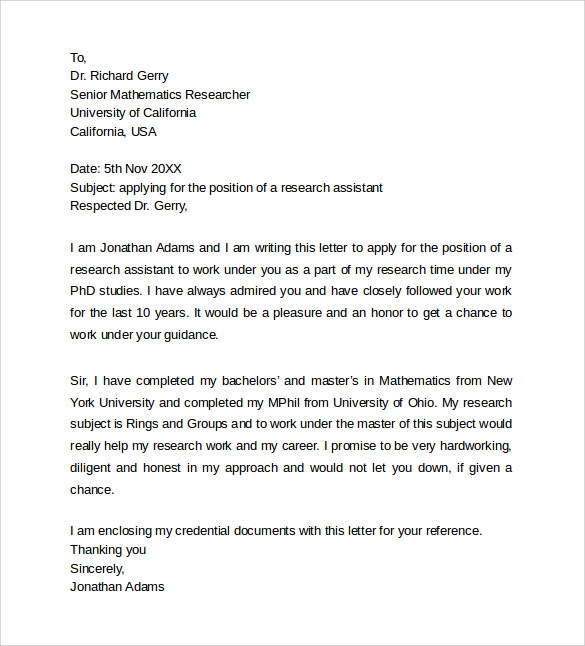 cover letter for job of research assistant