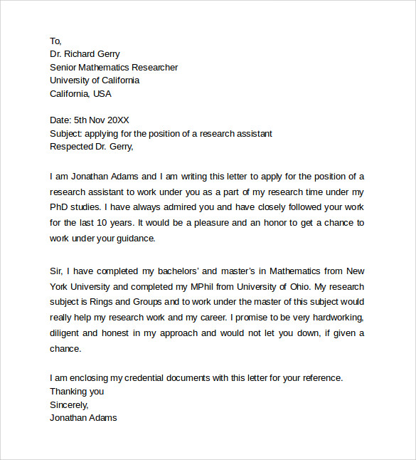 research assistant position cover letter sample