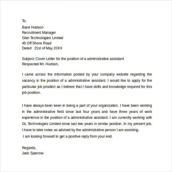 FREE 7+ Sample Administrative Assistant Cover Letter ...