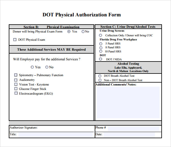 dot physical authorization form