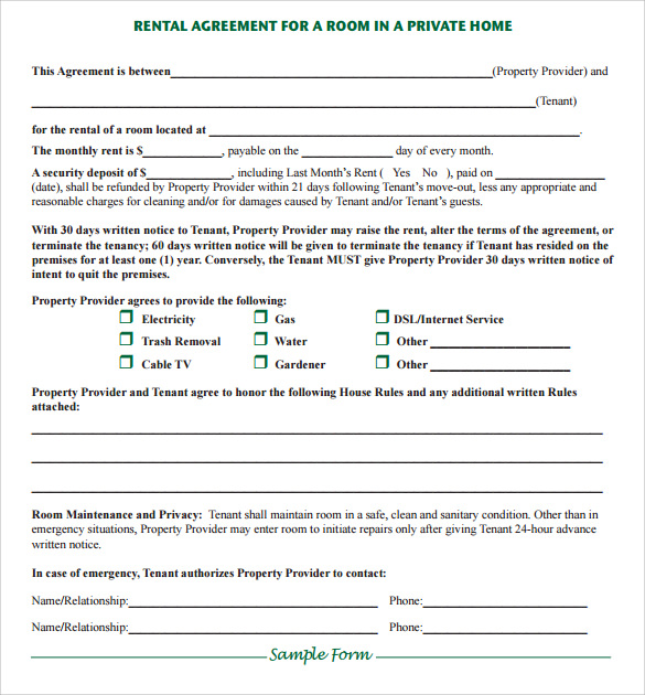 contract house renting form for Room to Rental Agreements 18 for Download Free Sample