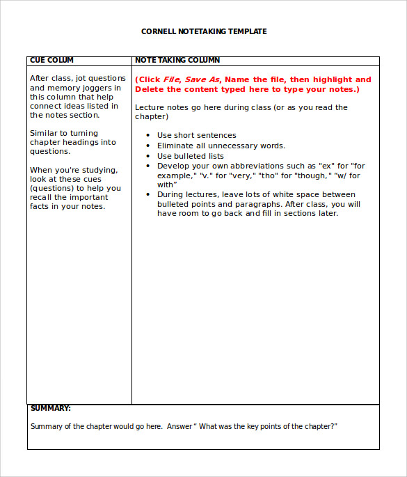 Note Taking Template Word