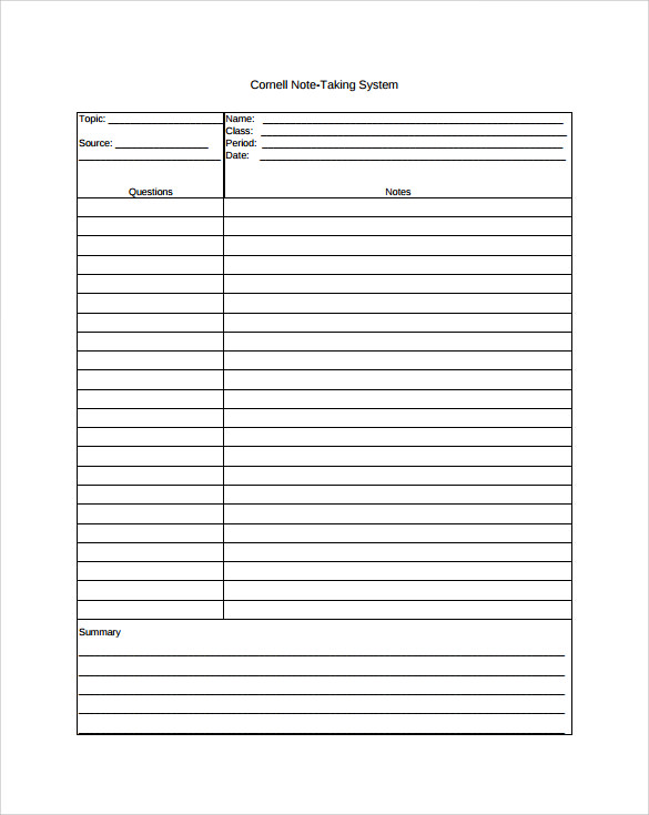 Cornell Note Taking Template Word