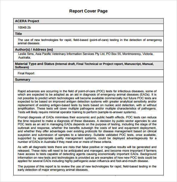 report cover page format
