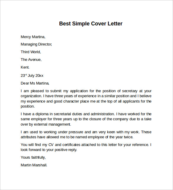 sample of a simple cover letter