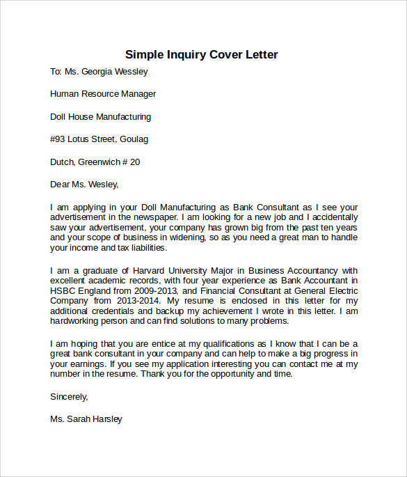 simple inquiry cover letter template