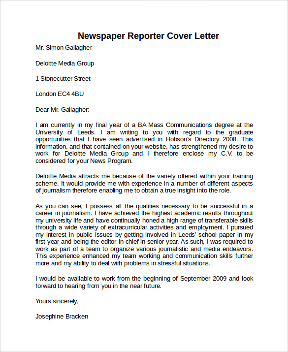 simple newspaper reporter cover letter template