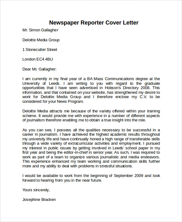 sample cover letter for a journalist