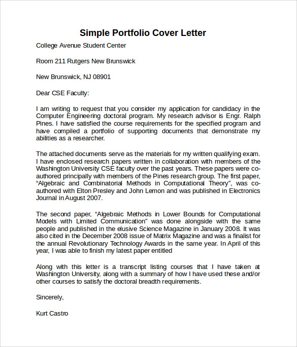 simple portfolio cover letter template