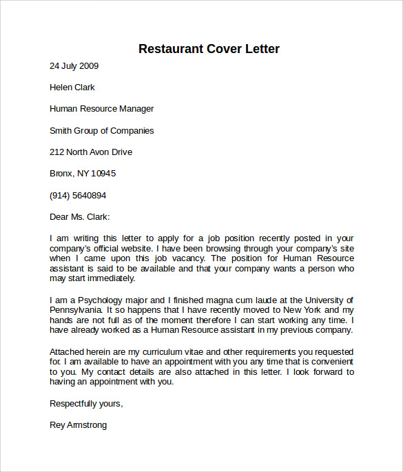 application letter for a restaurant job