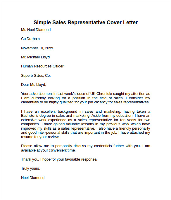 Sample Cover Letter For Sales Representative Job